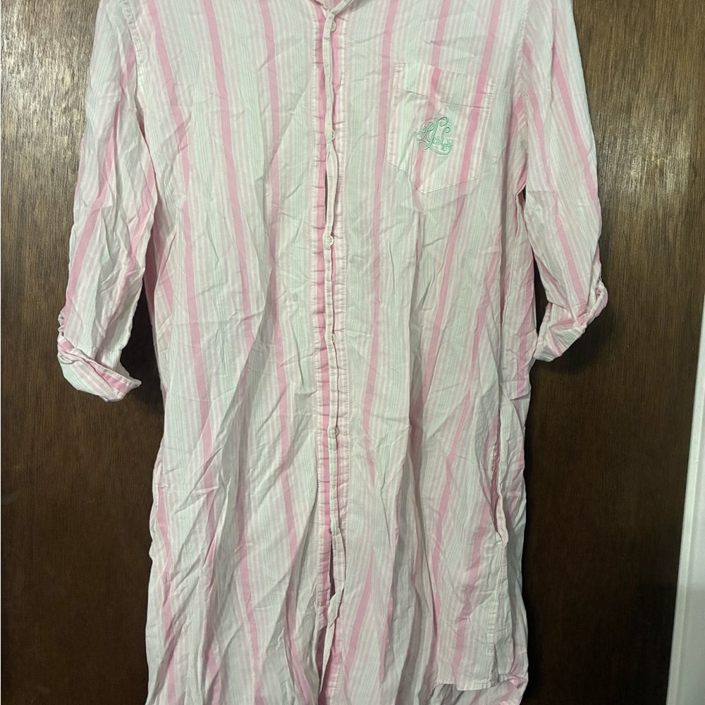 Lauren Ralph Lauren Pink & White Striped Button-Down Sleep Shirt